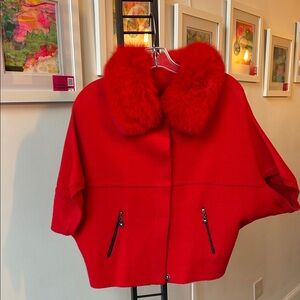 Elegant Red Knit Jacket with Fur Collar.